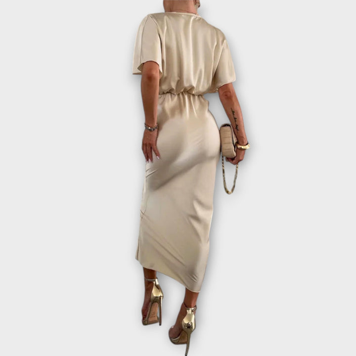 Sable - Solidus Satino V- Výstrih Kryžminý Uzol Slim Fit Maxi Šaty