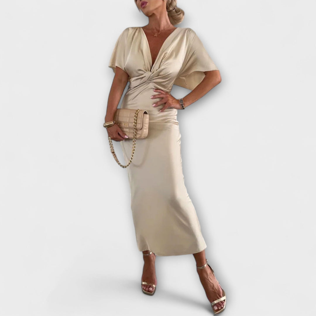 Sable - Solidus Satino V- Výstrih Kryžminý Uzol Slim Fit Maxi Šaty