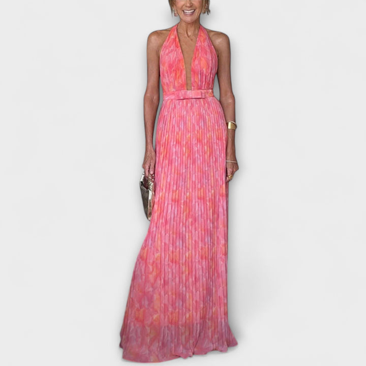 Seraphina - Štýlové Halter V-krk Plisované Maxi Šaty