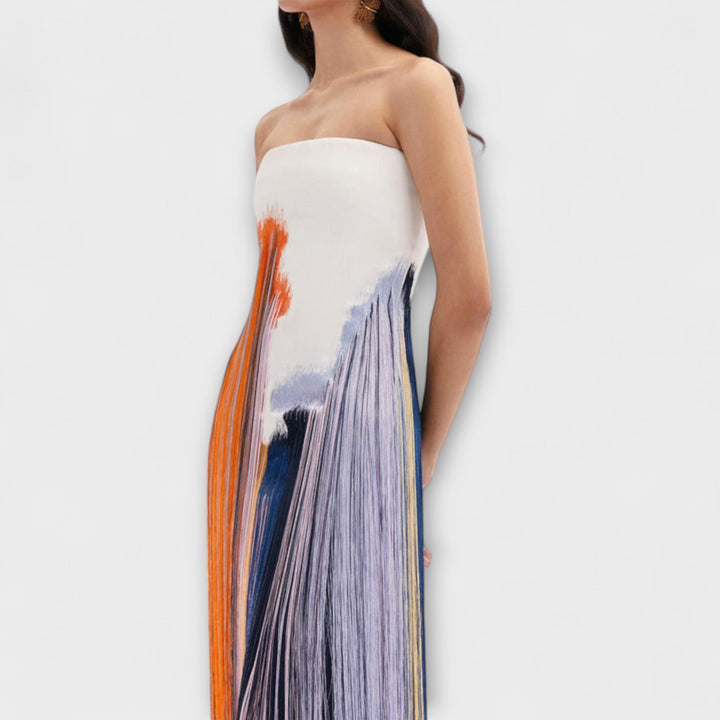 Leto - Štýlové šaty s farebnými blokmi a módnymi strapcami