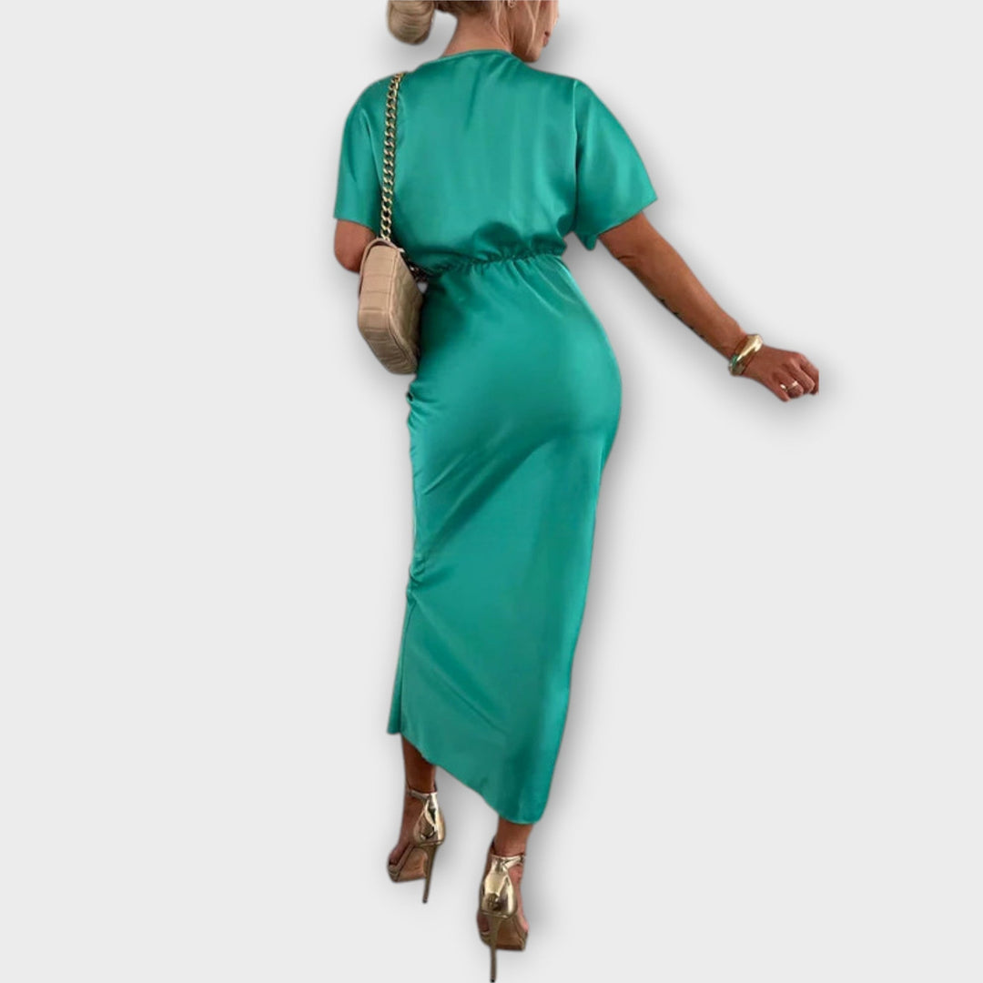 Sable - Solidus Satino V- Výstrih Kryžminý Uzol Slim Fit Maxi Šaty