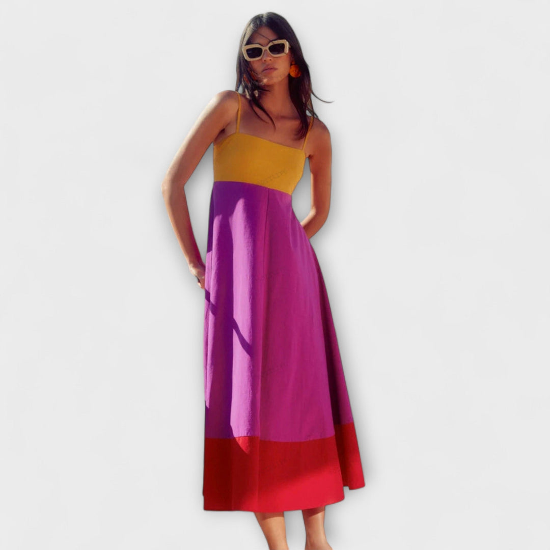 Šaty s ramienkami v štýle farebných blokov