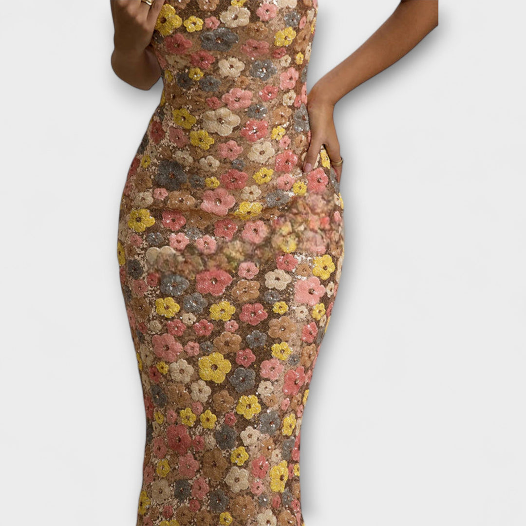 Oakley - Maxi sukňa s kvetmi a trblietkami v štýle 80-tych rokov