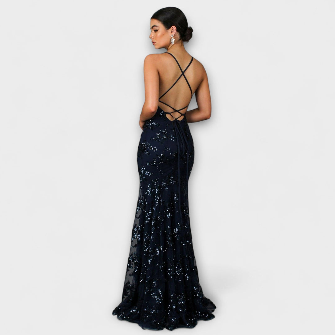 Zayla - Maxi šaty s odhaleným chrbtom a trblietkami, V výstrih