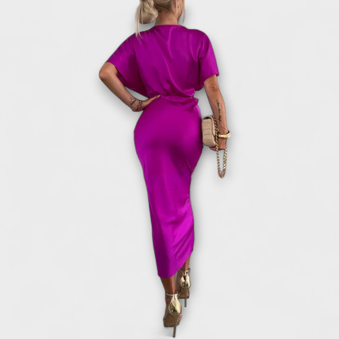 Sable - Solidus Satino V- Výstrih Kryžminý Uzol Slim Fit Maxi Šaty